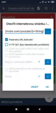 Automatizace - stáhnout z YouTube - Akce otevřít y2mate