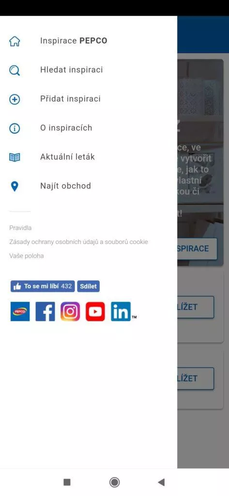 Postranní nabídka aplikace