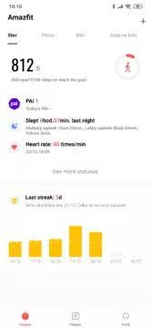 Amazfit app základní obrazovka