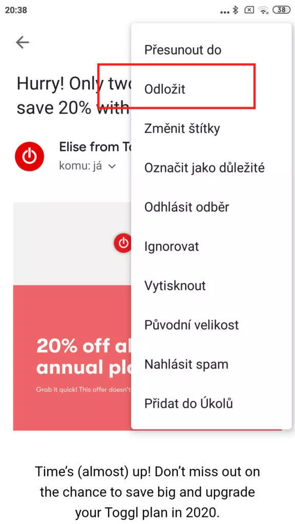 aplikace gmail odložení pošty