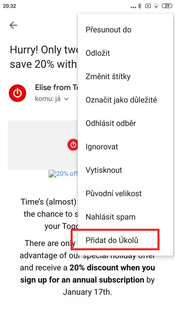 export e-mailu do ukoly google