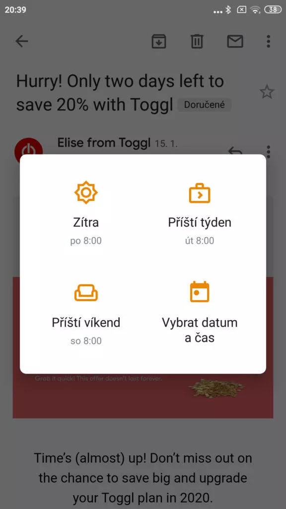 odložení pošty gmail