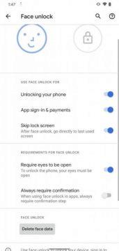 Android 11 Developer Preview 2 Face Unlock oči