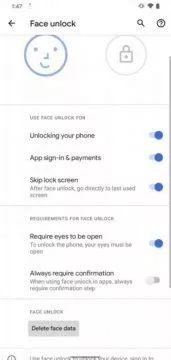 Android 11 Developer Preview 2 Face Unlock oči
