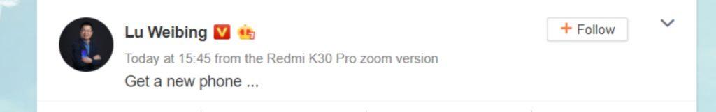 Redmi K30 Pro Zoom Edition potvrzený Weibo post