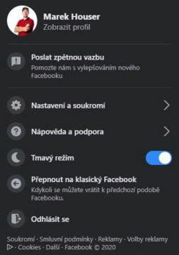 tmavý režim Facebook desktop ukázka 2