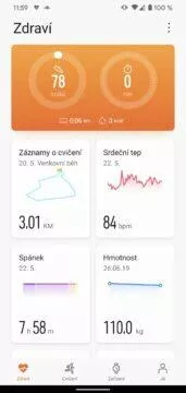 aplikace Huawei Health Zdraví hlavní obrazovka