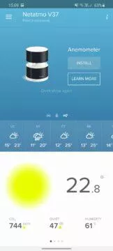 aplikace Netatmo Weather prázdná karta anemometru