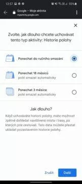 automatické mazání uživatelksých dat Google nastavení poloha