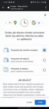 automatické mazání uživatelksých dat Google nastavení webu a aplikací