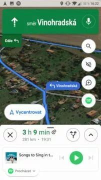 Google Mapy přehrávání hudby rozbalena mala nabidka