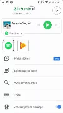 Google Mapy přehrávání hudby rozbalena nabidka