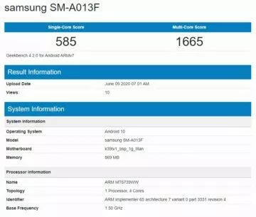 Samsung Galaxy A01e vyměnitelná baterie Geekbench screen