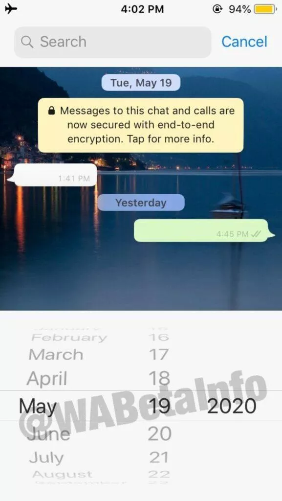 vyhledávání WhatsApp zpráv podle data dny