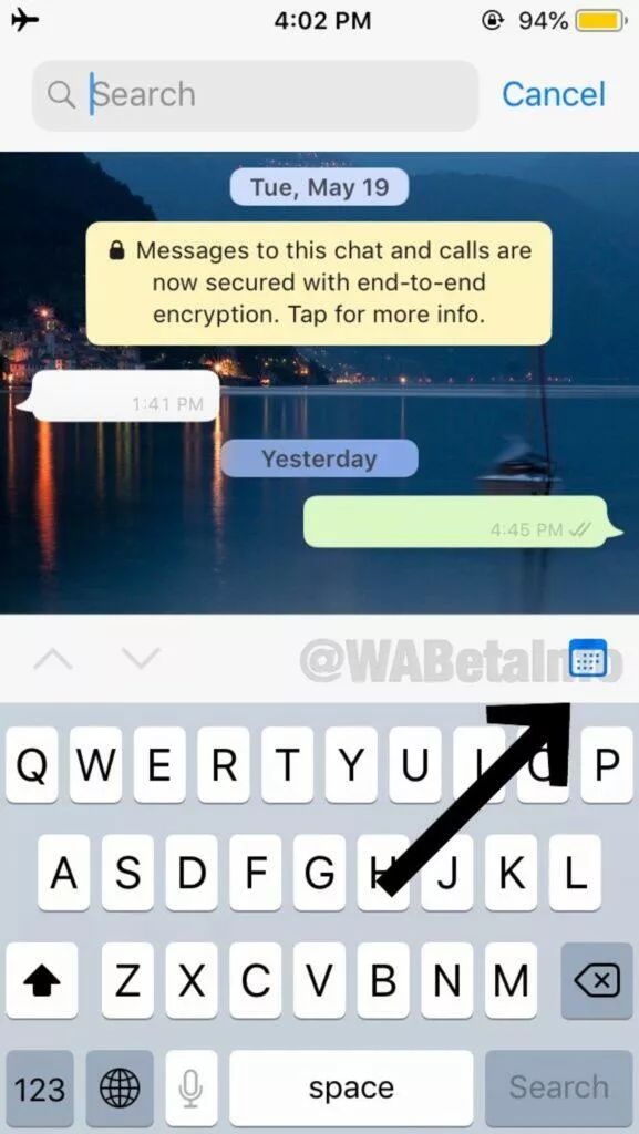 vyhledávání WhatsApp zpráv podle data kalendar