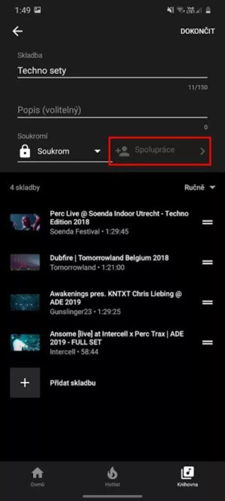 YouTube Music Spolupráce tlačítko