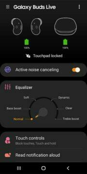 Galaxy Buds Live aplikace hlavní obrazovka aktivní potlačení hluku ekvalizér baterie