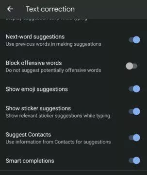 Gboard nové zadávání dokončování vět smart completions zapnutí