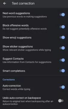 Gboard vracení automatických oprav autokorekcí mezerníkem