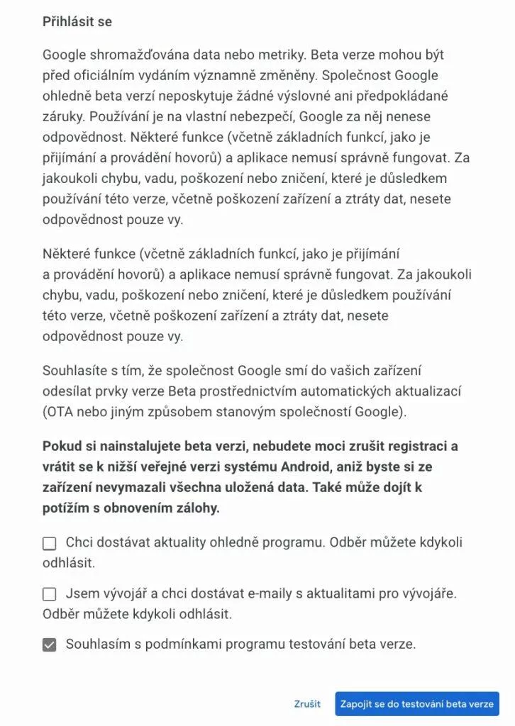 podminky programu testovani