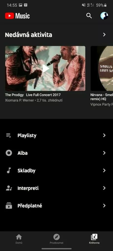 YouTube Music nedávná aktivita