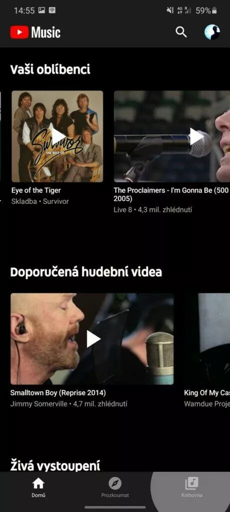 YouTube Music nedávná aktivita hlavní obrazovka