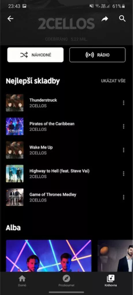 YouTube Music skladby interpreta v knihovně všechny