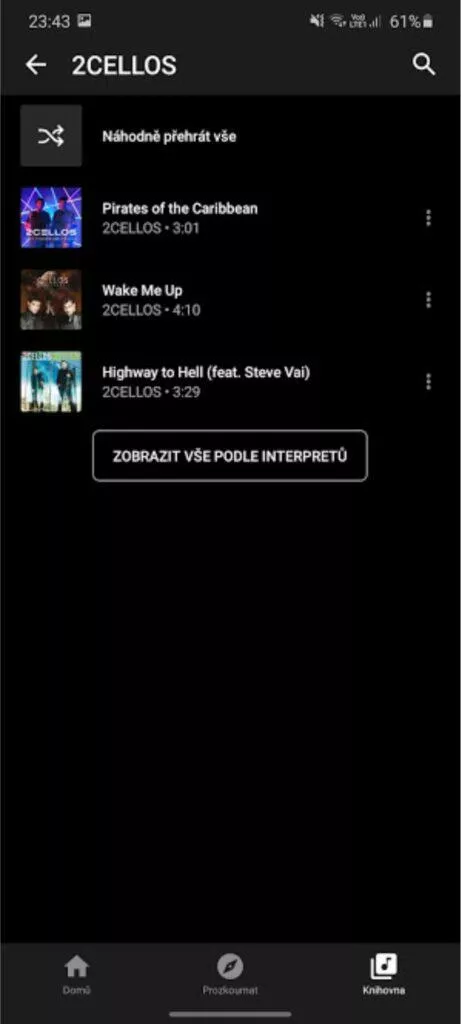 YouTube Music skladby interpreta v knihovně vyfiltrované