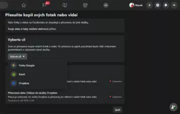 Facebook přenos fotek Fotky Google Dropbox desktop výběr cíle
