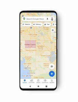 Google Mapy Covid-19 informace obvody Florida