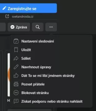 Jak sledovat Svět Androida Facebook menu