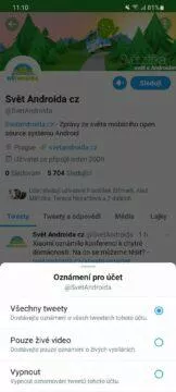 Jak sledovat Svět Androida Twitter možnosti upozornění