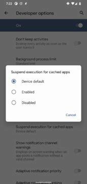 Android 11 zastavování aplikací background suspension přepínač