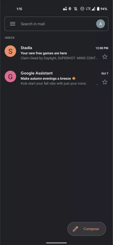 Gmail Go Obchod Play screen