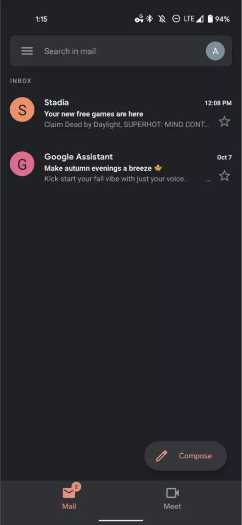 Gmail Go Obchod Play starý screen
