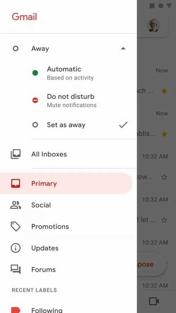Gmail Google Chat status mobil aplikace