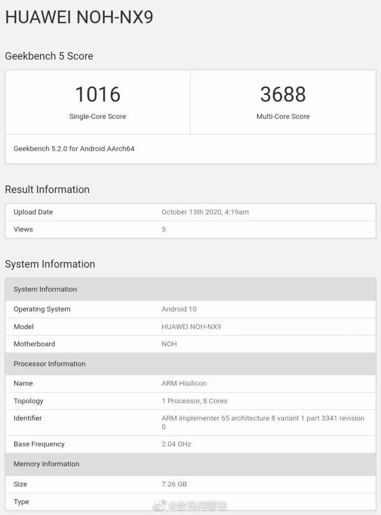 kirin 9000 geekbench 5