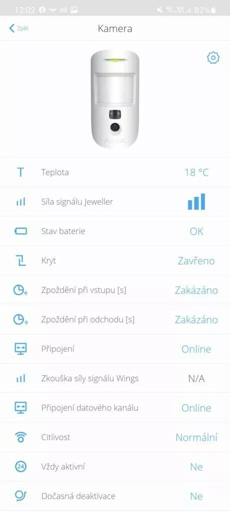 aplikace AJAX Security System detektor pohybu hlavní karta