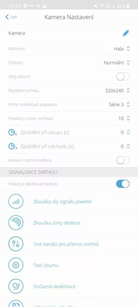 aplikace AJAX Security System detektor pohybu nastavení