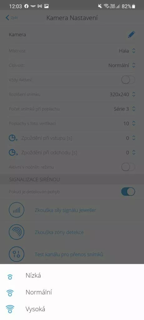 aplikace AJAX Security System detektor pohybu nastavení citlivost