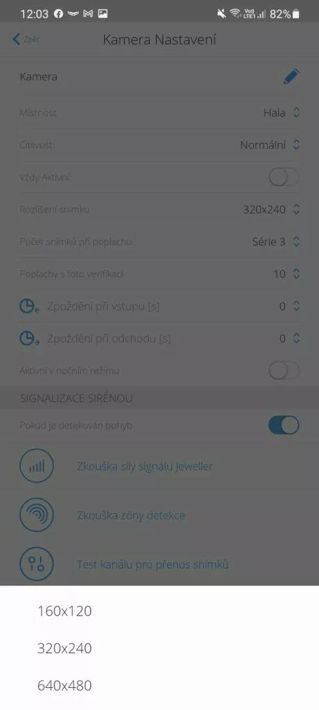 aplikace AJAX Security System detektor pohybu nastavení rozlišení