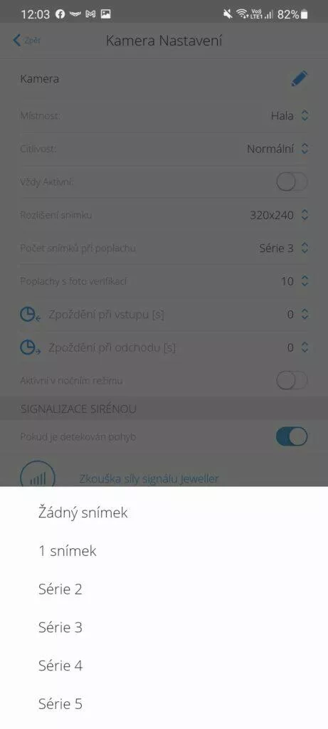 aplikace AJAX Security System detektor pohybu nastavení snímky