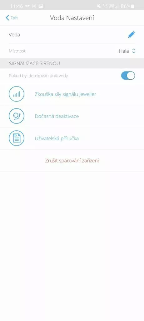 aplikace AJAX Security System detektor vody hlavní karta