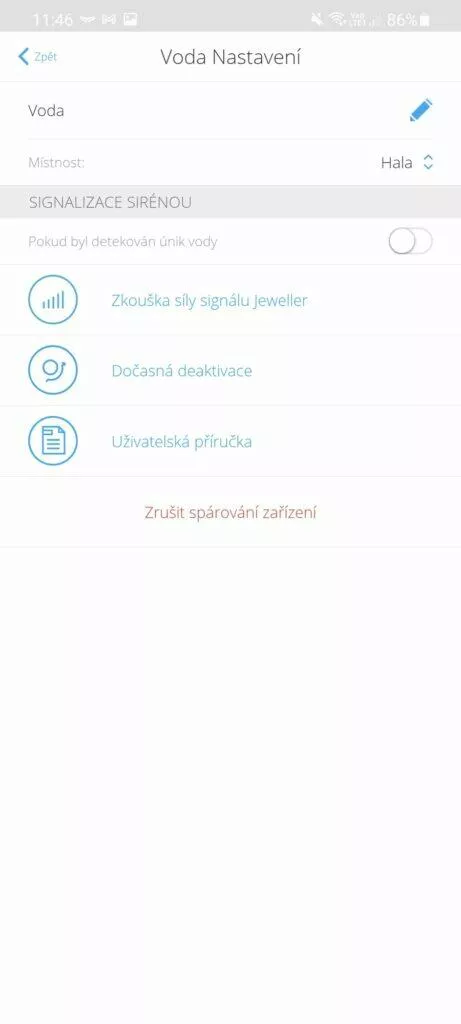 aplikace AJAX Security System detektor vody nastavení