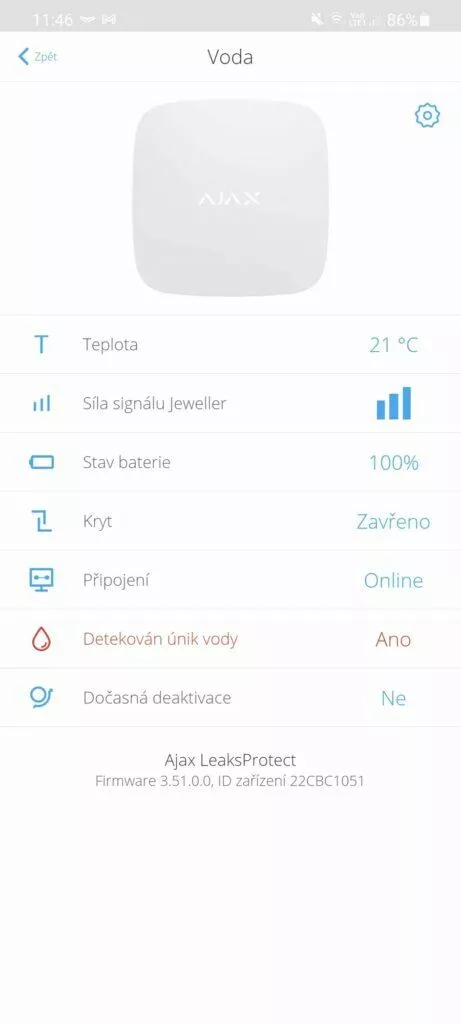 aplikace AJAX Security System detektor vody poplach