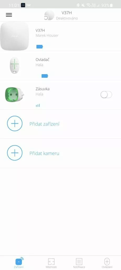 aplikace AJAX Security System hlavní obrazovka