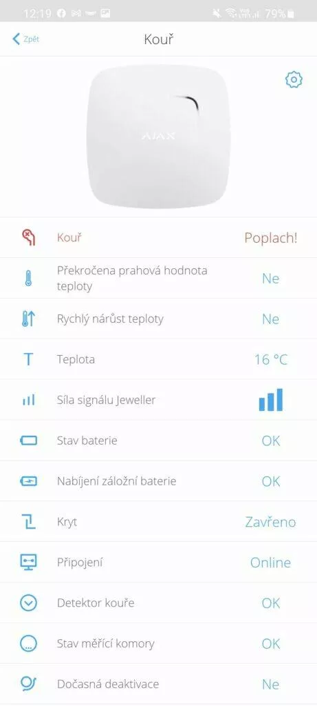 aplikace AJAX Security System požární hlásič poplach kouř