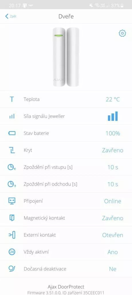 dveřní senzor aplikace hlavní karta