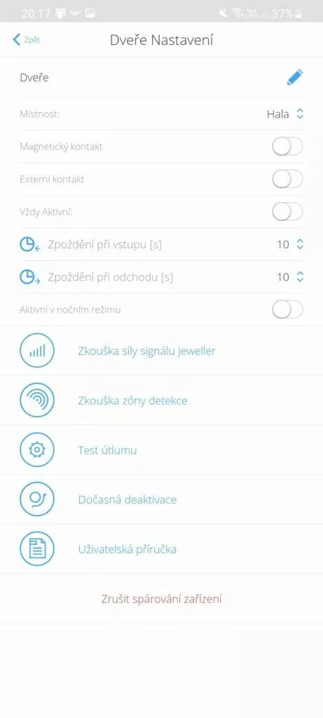 dveřní senzor aplikace nastavení
