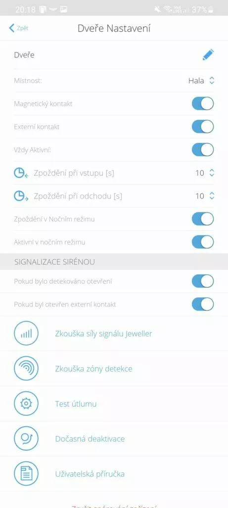 dveřní senzor aplikace nastavní přepínače